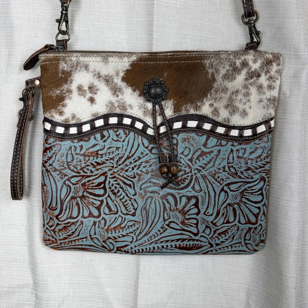 Myra Bag Crossbody Bag Womens Medium Brown Cowhide Fur Trim Floral Western - Picture 2 of 10